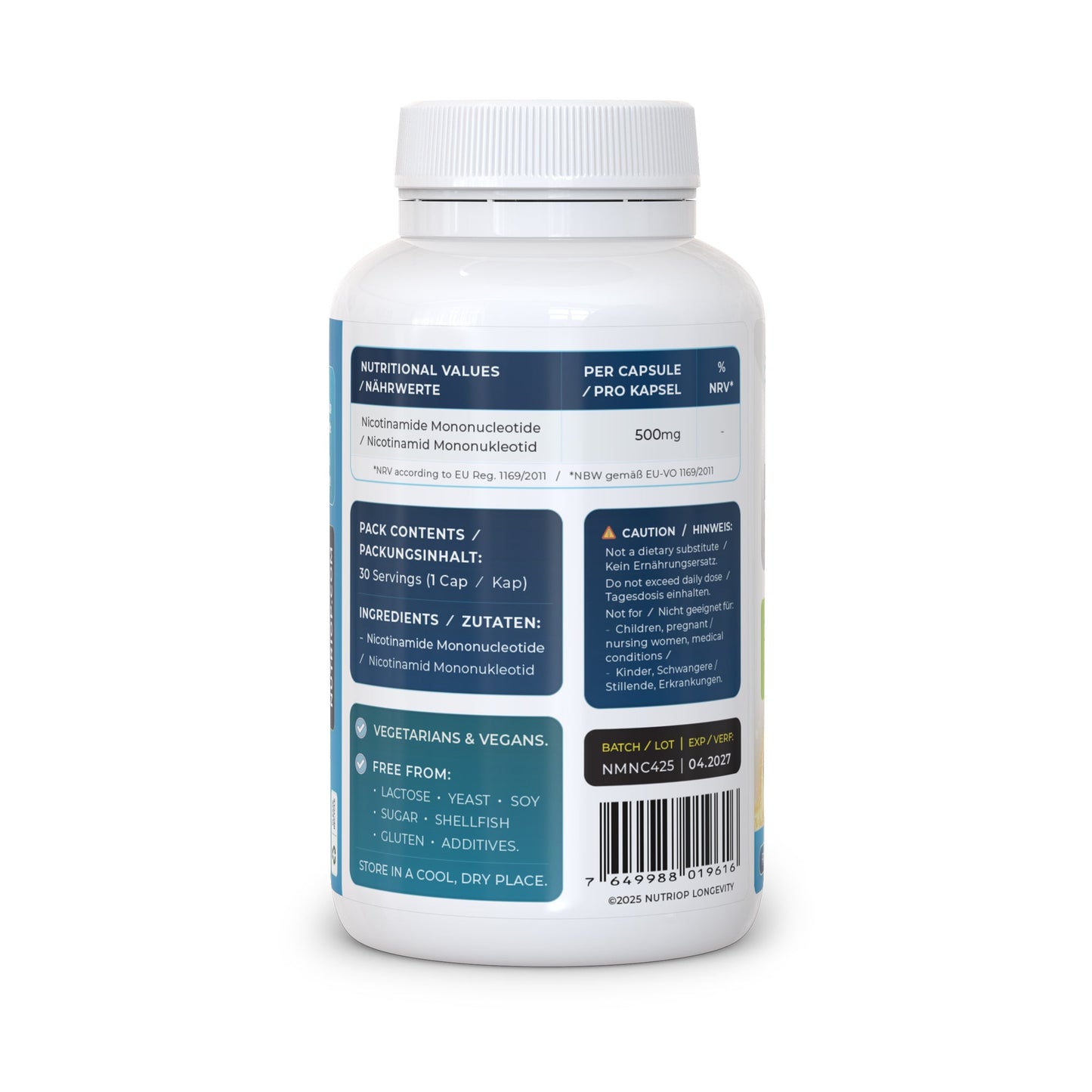 Nutriop Longevity® Pure-NMN Nicotinamide Mononucleotide Extreme Potency 500mg Capsules (x60) - 30 Grams