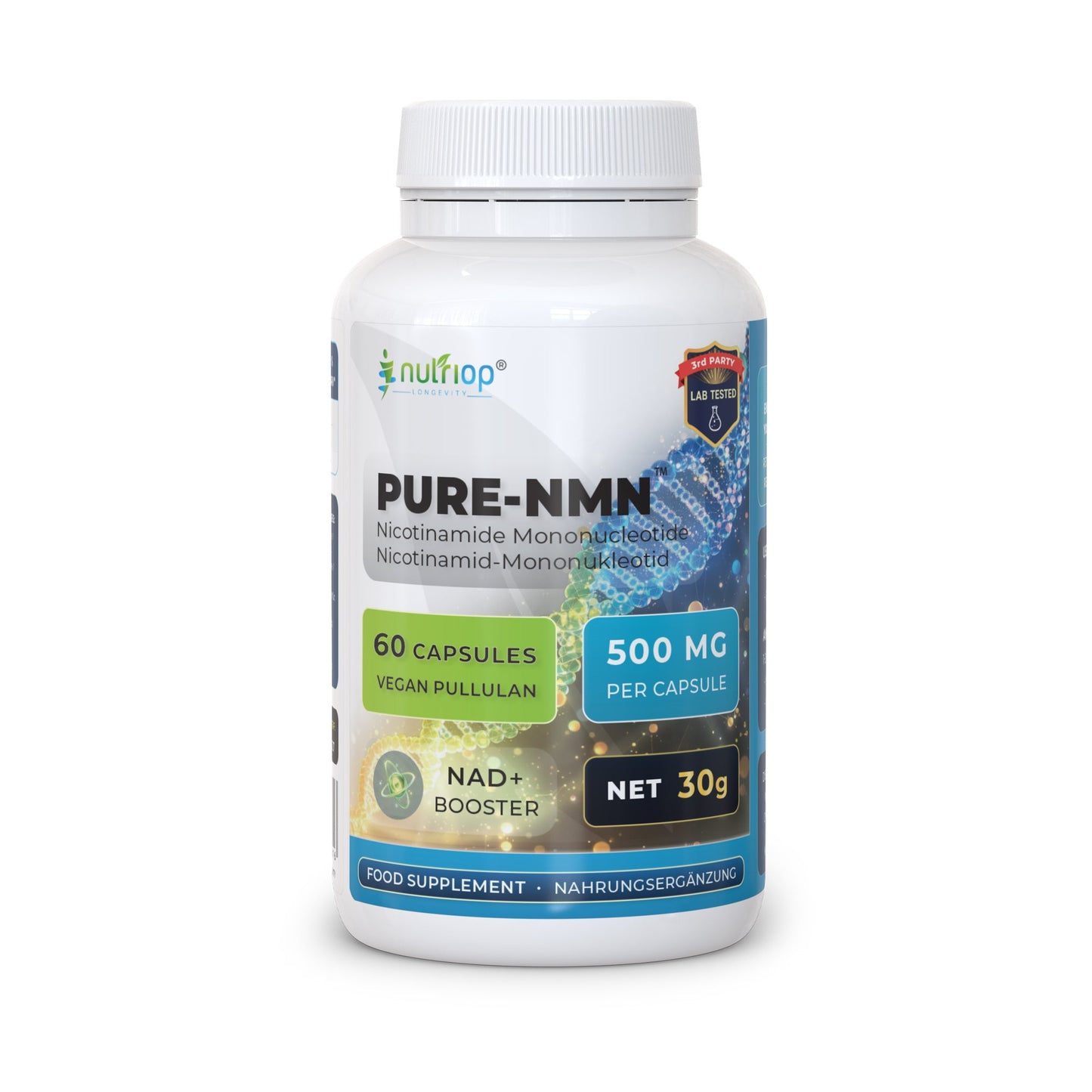 Nutriop Longevity® Pure-NMN Nicotinamide Mononucleotide Extreme Potency 500mg Capsules (x60) - 30 Grams
