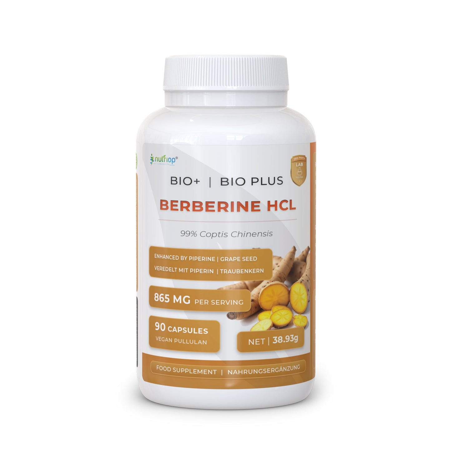 Nutriop Longevity® Bio-Enhanced Berberine HCL with Pure Organic Piperine and Grape Seed Extract - 865mg per serving (x45)