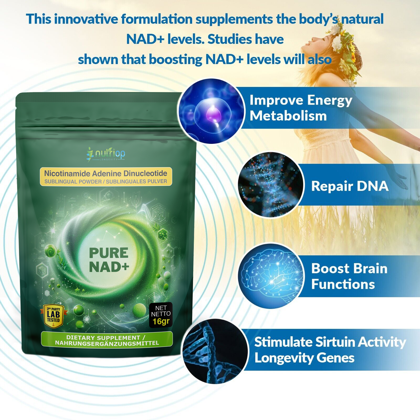 Nutriop Longevity® PURE-NAD+, Nicotinamide Adenine Dinucleotide - Extreme Potency sublingual powder -16 grams